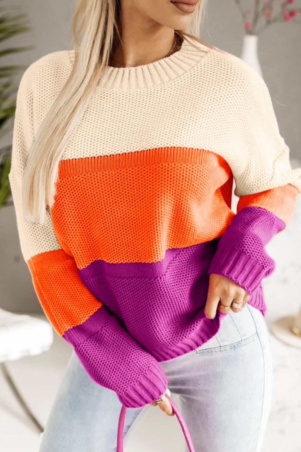 Color Block Drop Shoulder Round Neck Sweater - Trandify Deal