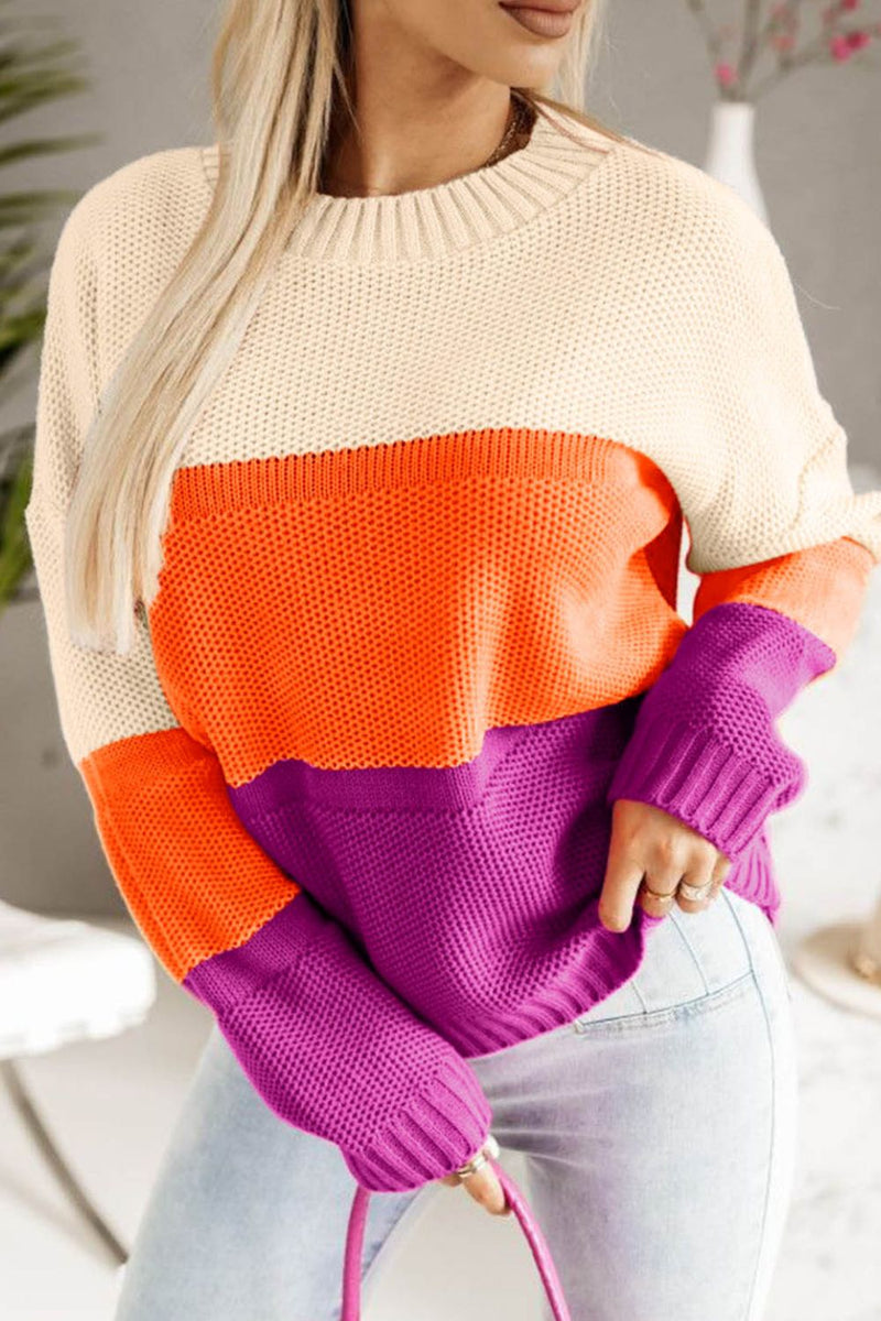 Color Block Drop Shoulder Round Neck Sweater - Trandify Deal
