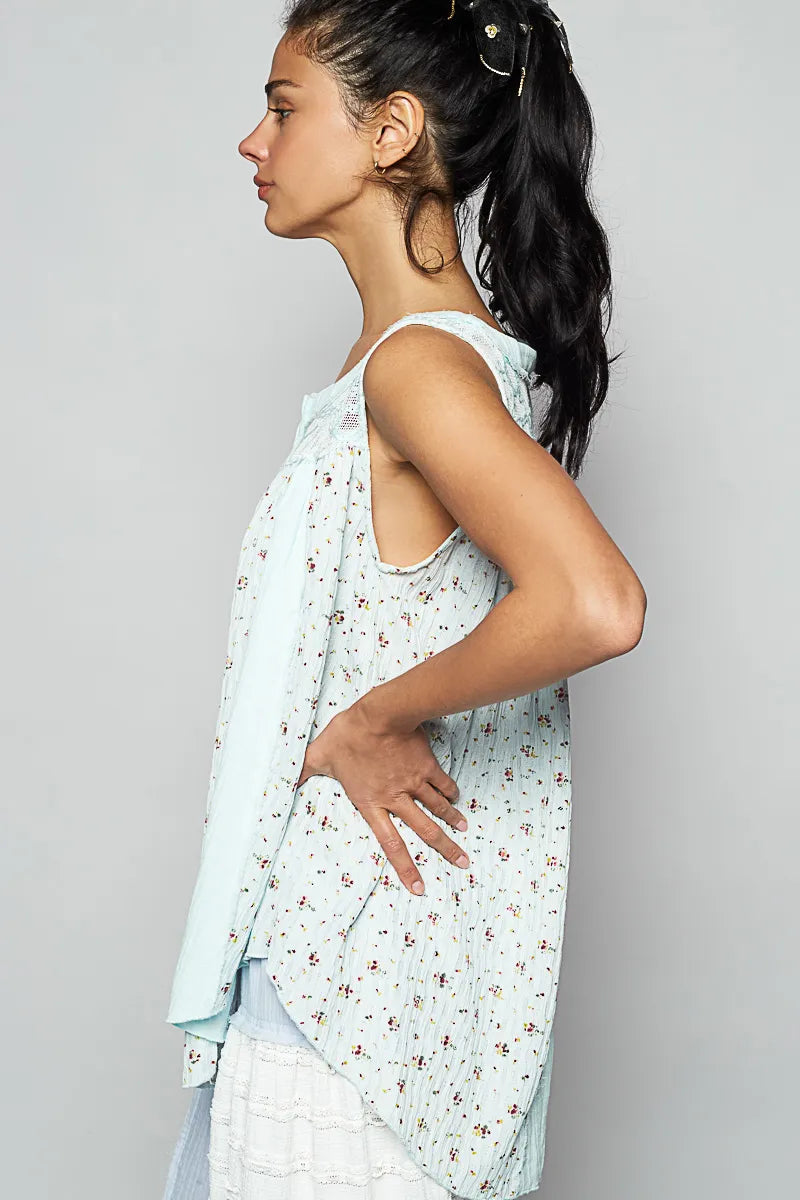 Boho Floral Print Lace Patchwork Women’s Tank Top – Summer Sleeveless Blouse