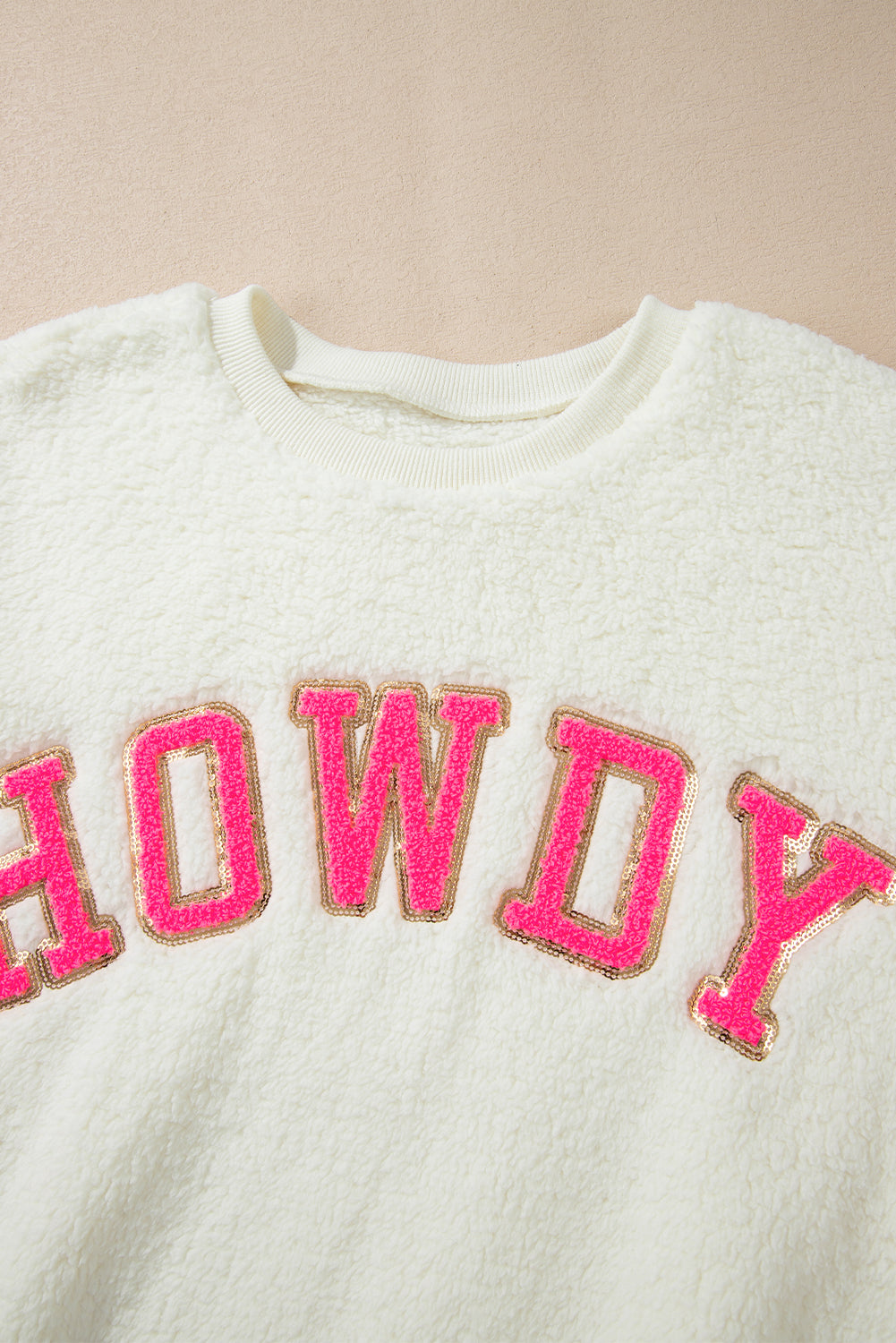 HOWDY Patched Round Neck Sherpa Sweatshirt Trandify Deal