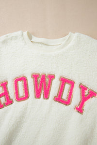 HOWDY Patched Round Neck Sherpa Sweatshirt Trandify Deal