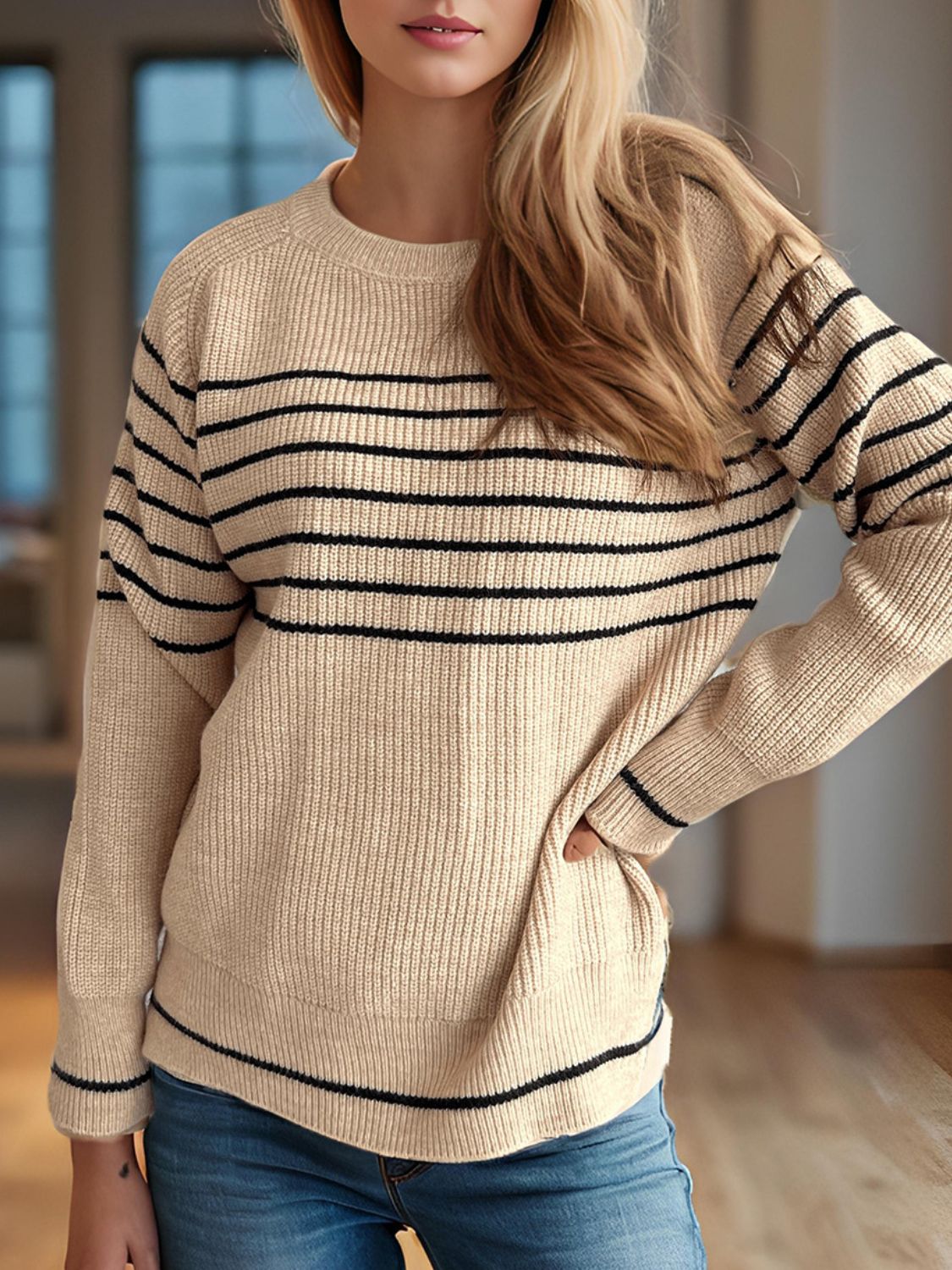 Striped Round Neck Long Sleeve Sweater Trandify Deal