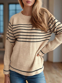 Striped Round Neck Long Sleeve Sweater Trandify Deal
