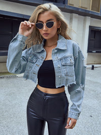 Women’s Light Blue Distressed Cropped Denim Jacket with Raw Hem – Vintage Boho Fashion