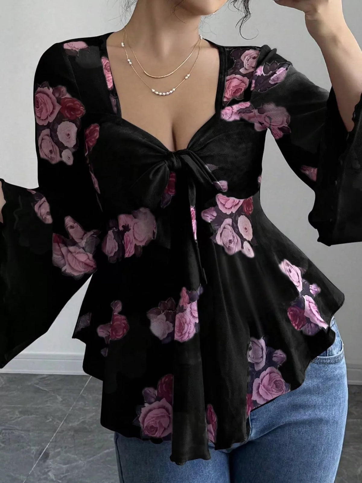 Floral Tie Front Blouse with Flare Sleeves and Bow Detail