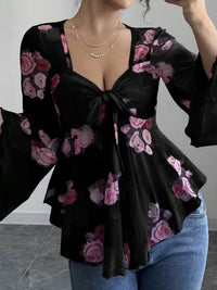Floral Tie Front Blouse with Flare Sleeves and Bow Detail