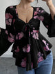Floral Tie Front Blouse with Flare Sleeves and Bow Detail