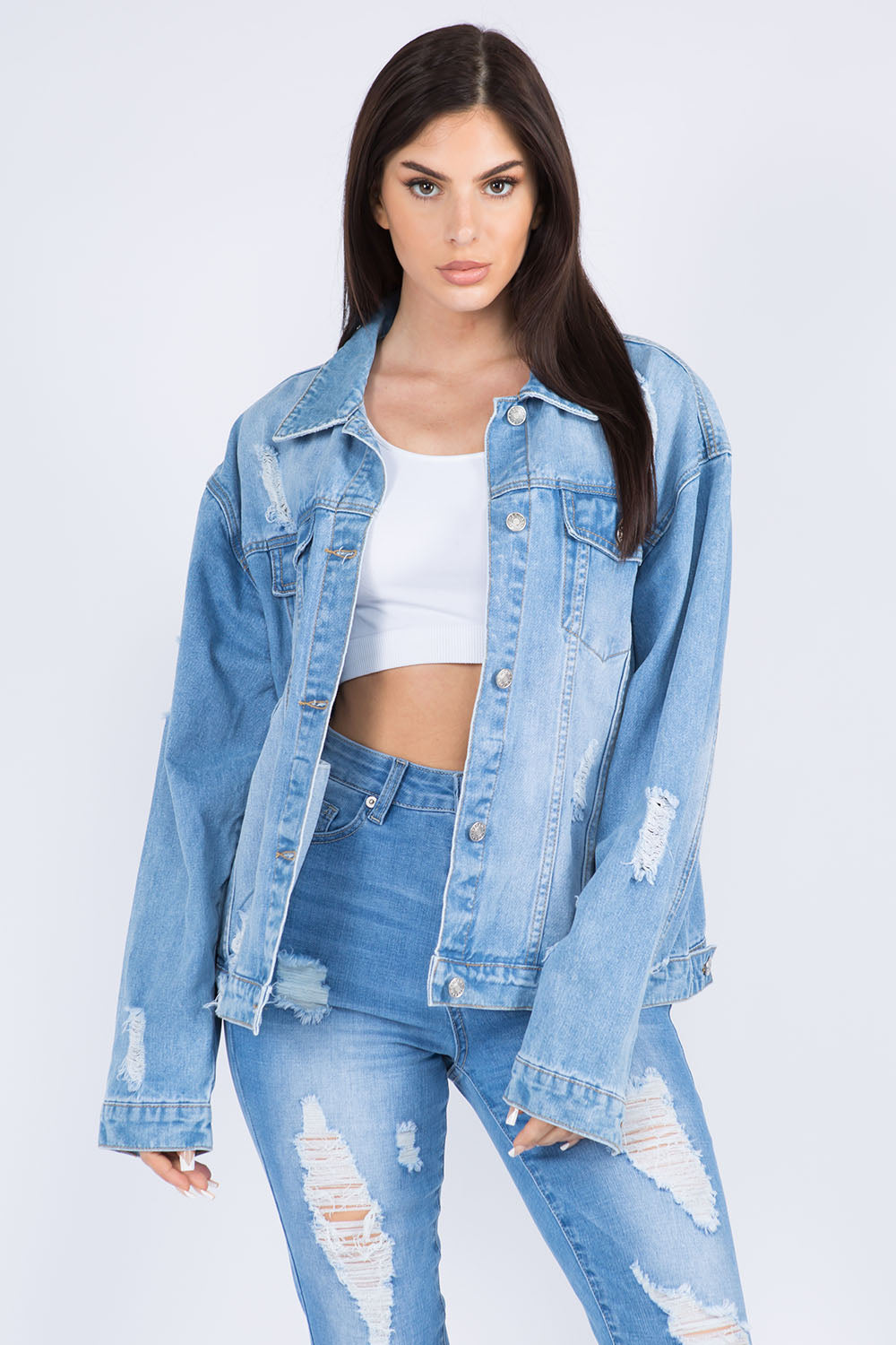 American Bazi Full Size Painted Back Distressed Denim Jacket Trandify Deal