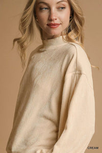 Women's Balloon Sleeve Sweatshirt in Beige - Oversized Velour Pullover Front View