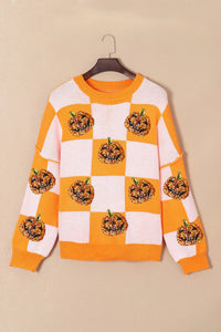 Pumpkin Checkered Round Neck Long Sleeve Sweater Trandify Deal