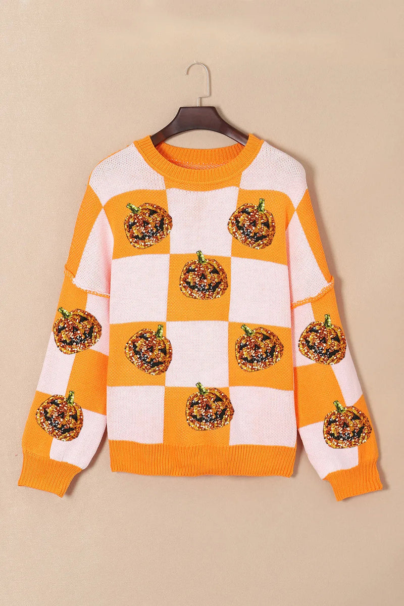 Pumpkin Checkered Round Neck Long Sleeve Sweater Trandify Deal