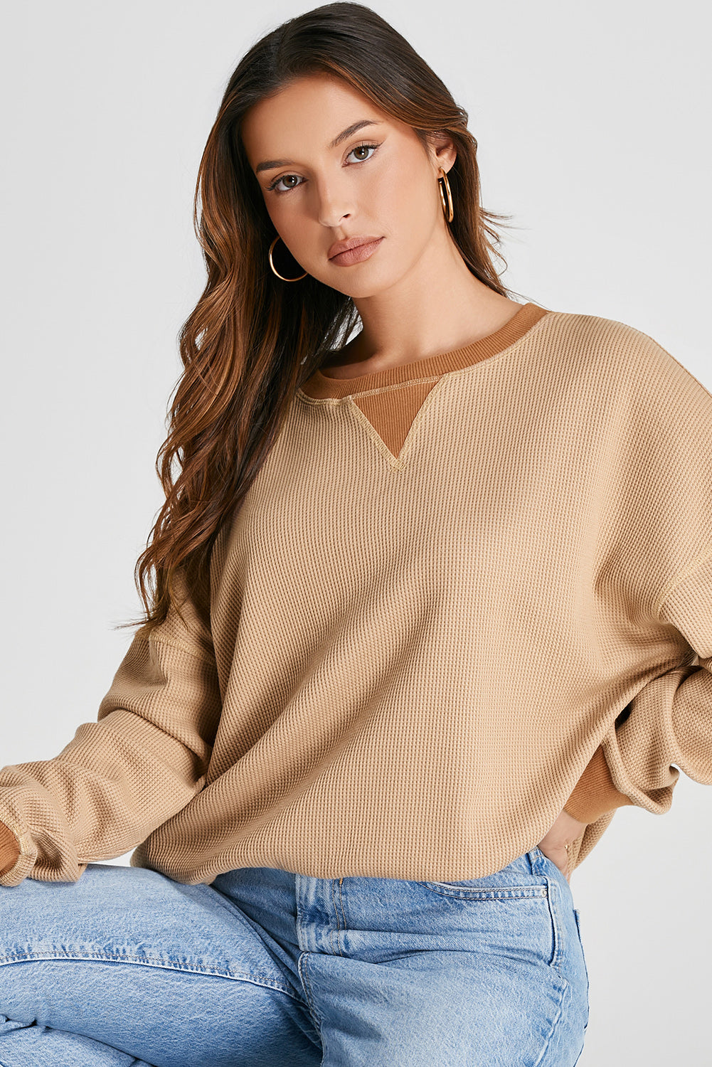 Waffle-Knit Long Sleeve Sweatshirt Trandify Deal