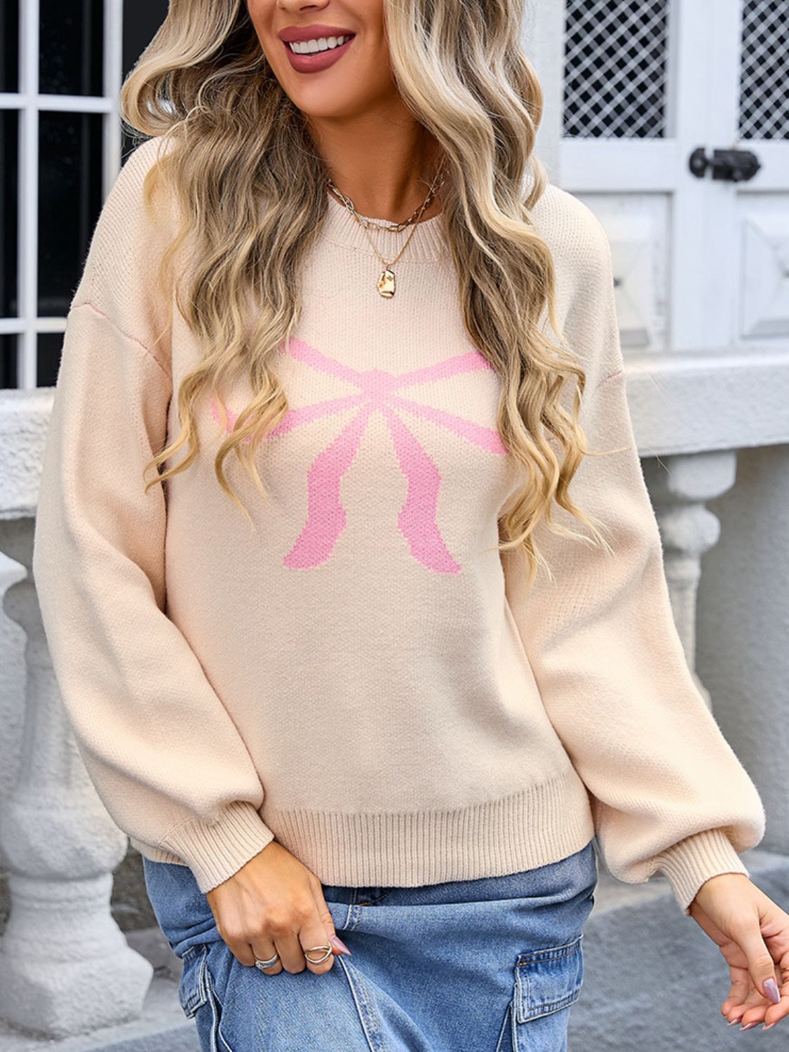 Bow Graphic Round Neck Long Sleeve Sweater Trandify Deal