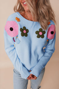 Crochet Flower Round Neck Dropped Shoulder Sweater Trandify Deal