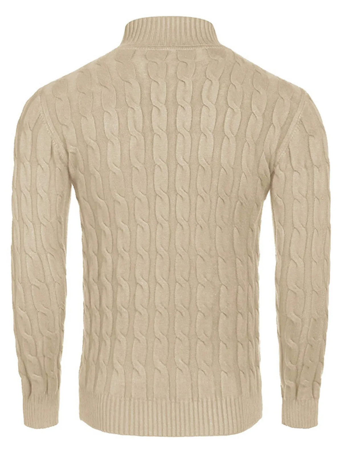 Men's Cable Knit Turtleneck Sweater worn by a model in cream
