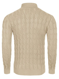 Men's Cable Knit Turtleneck Sweater worn by a model in cream