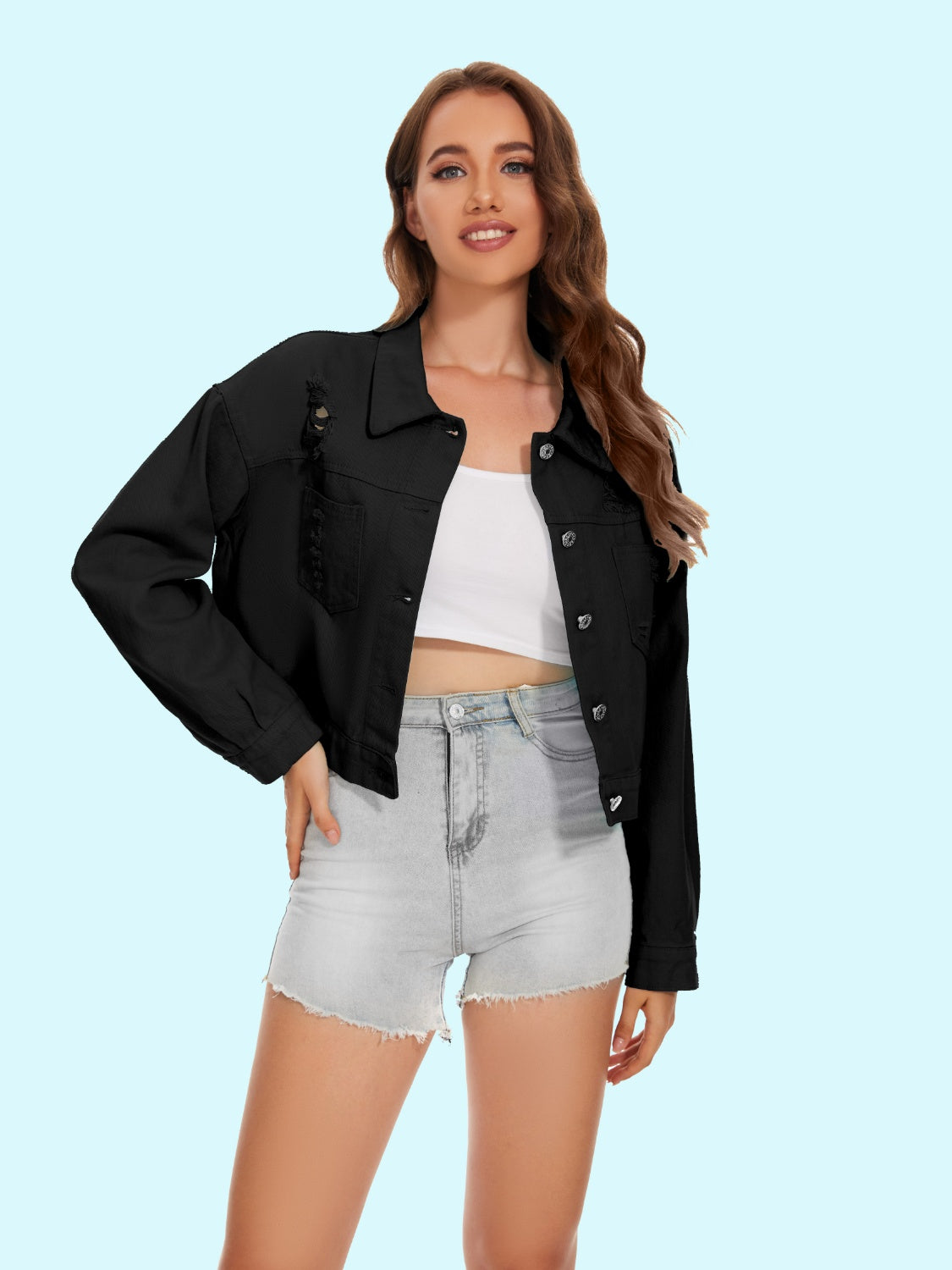 Distressed Distressed Button Up Denim Jacket Trandify deal