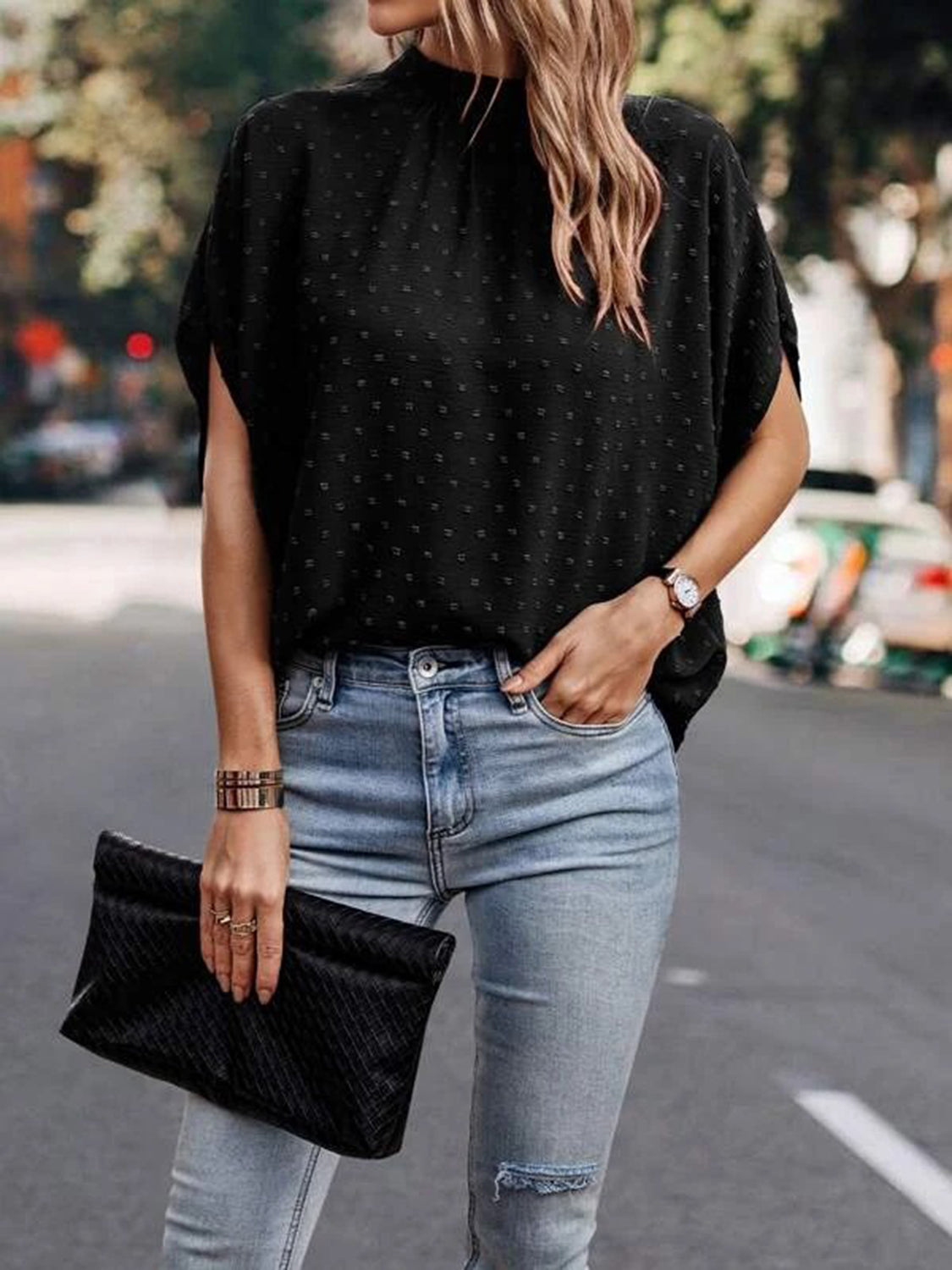 Swiss Dot Mock Neck Half Sleeve Blouse Trandify deal