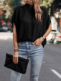 Swiss Dot Mock Neck Half Sleeve Blouse Trandify deal