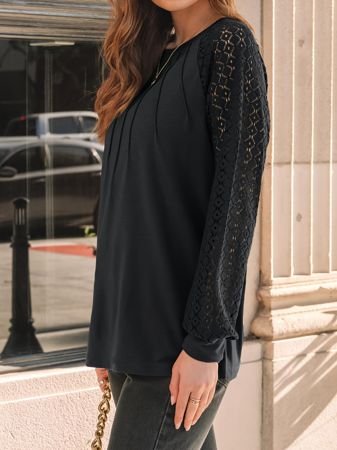 Women’s Black Eyelet Embroidered Blouse with Round Neck and Long Sleeves – Boho Lace Top for Casual Wear