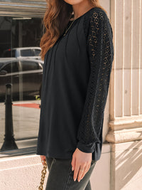 Women’s Black Eyelet Embroidered Blouse with Round Neck and Long Sleeves – Boho Lace Top for Casual Wear