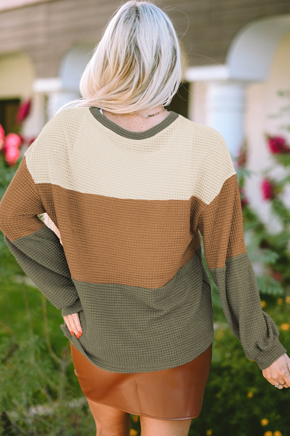 Waffle-Knit Color Block Round Neck Long Sleeve Blouse Trandify Deal