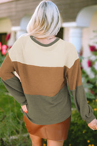 Waffle-Knit Color Block Round Neck Long Sleeve Blouse Trandify Deal