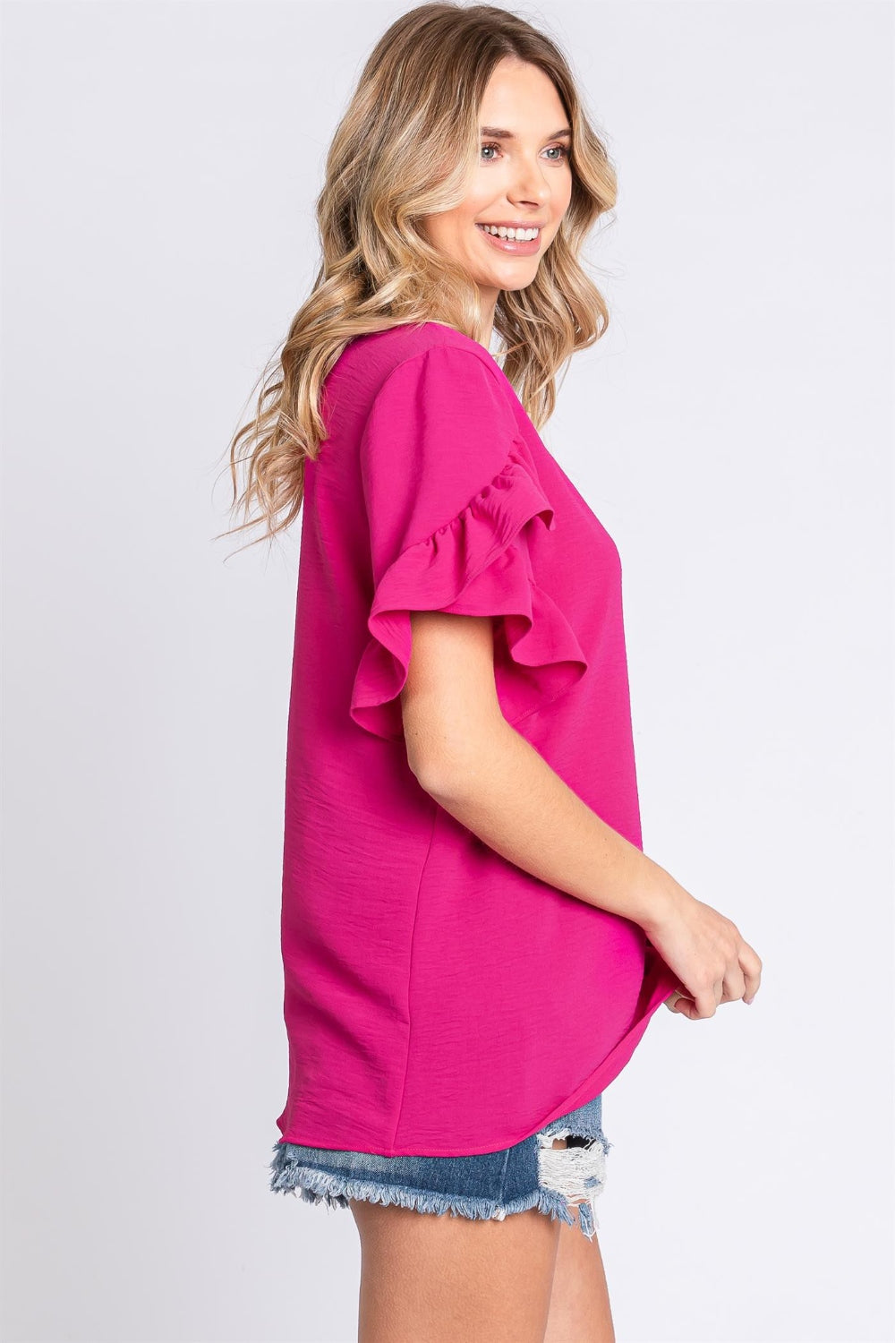 GeeGee V-Neck Ruffle Trim Short Sleeve Blouse Trandify deal