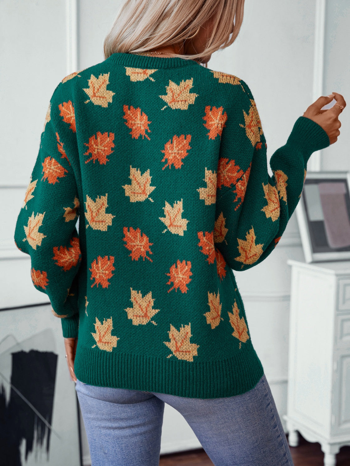 Maple Leaf Round Neck Long Sleeve Sweater Trandify Deal
