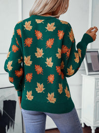 Maple Leaf Round Neck Long Sleeve Sweater Trandify Deal