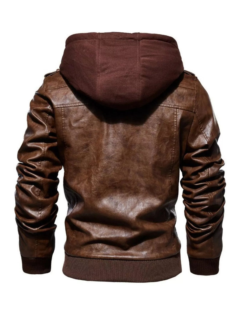 men's zip up hooded jacket in Brown, thick PU leather streetwear coat