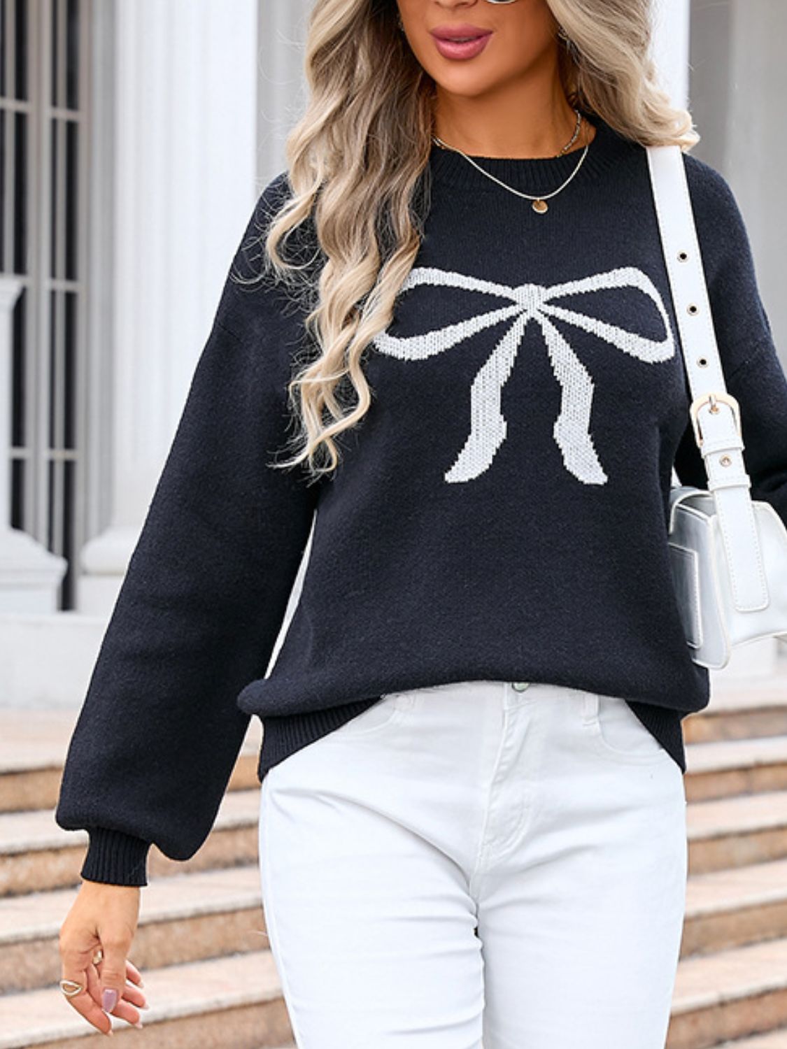 Bow Graphic Round Neck Long Sleeve Sweater Trandify Deal