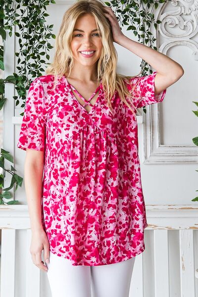 Plus Size Animal Print Babydoll Top – Crisscross Neck Short Sleeve Blouse for Women