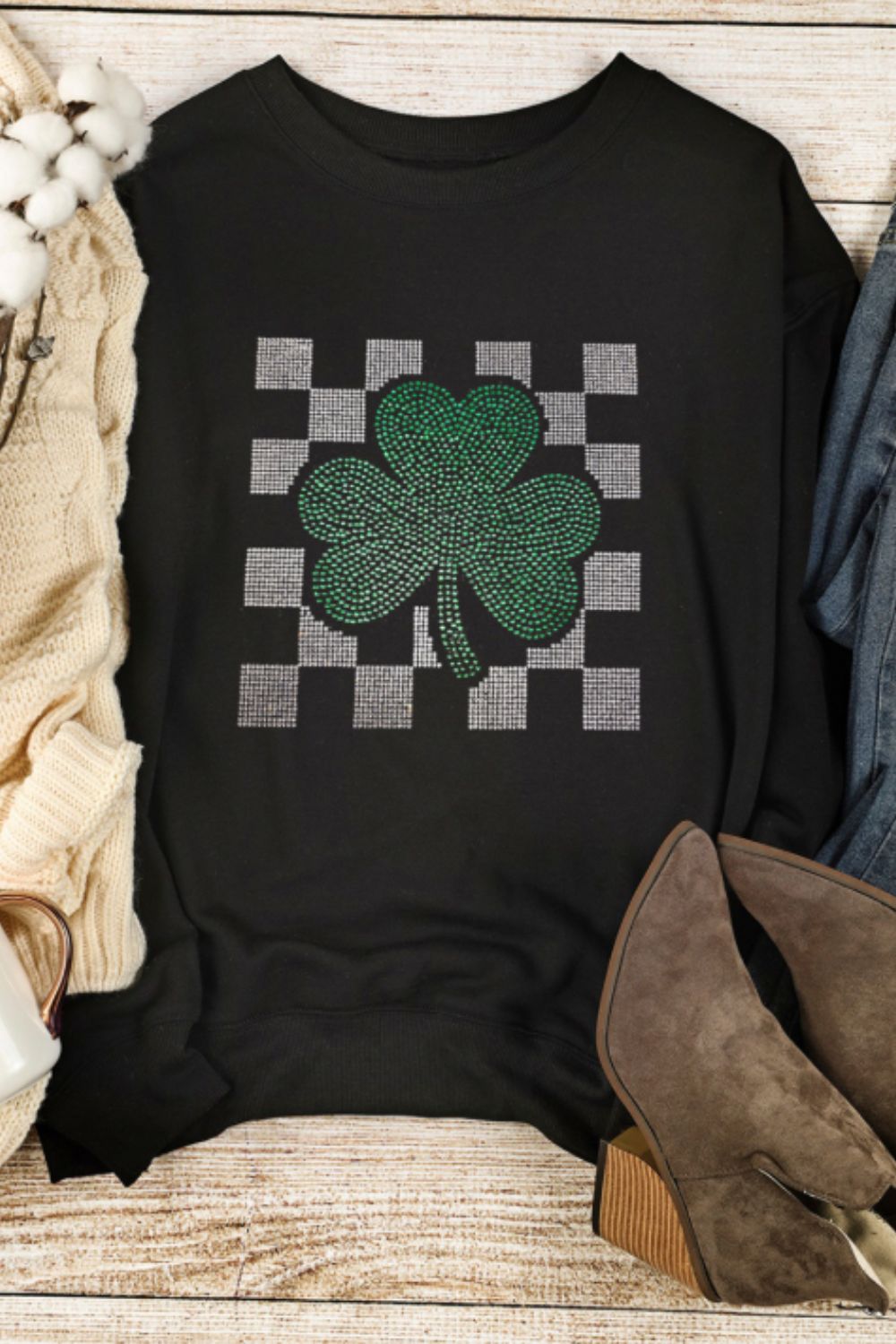 Rhinestone Checkered Lucky Clover Round Neck Sweatshirt Trandify Deal