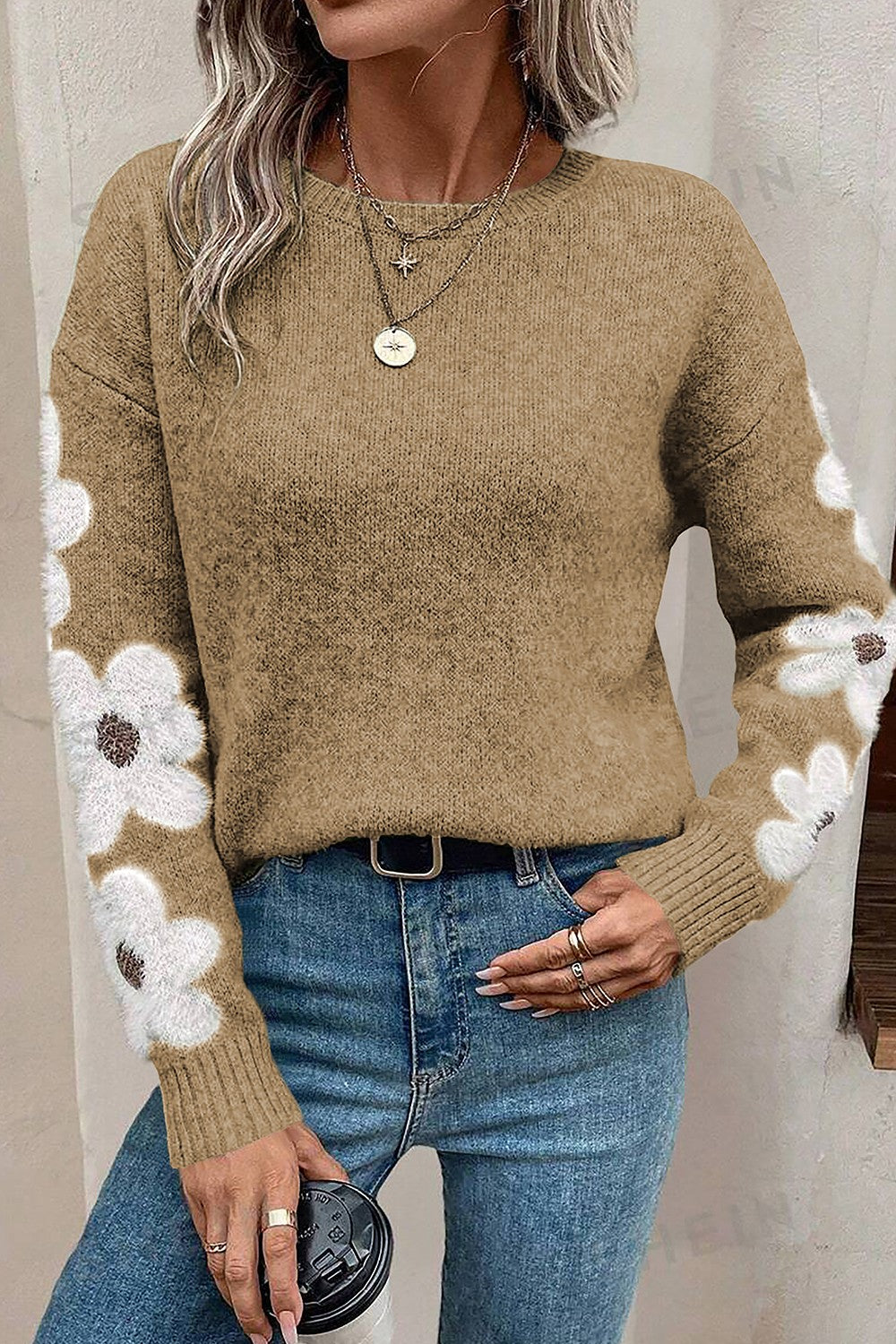 Flower Round Neck Long Sleeve Sweater Trandify Deal