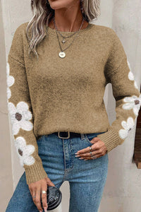 Flower Round Neck Long Sleeve Sweater Trandify Deal