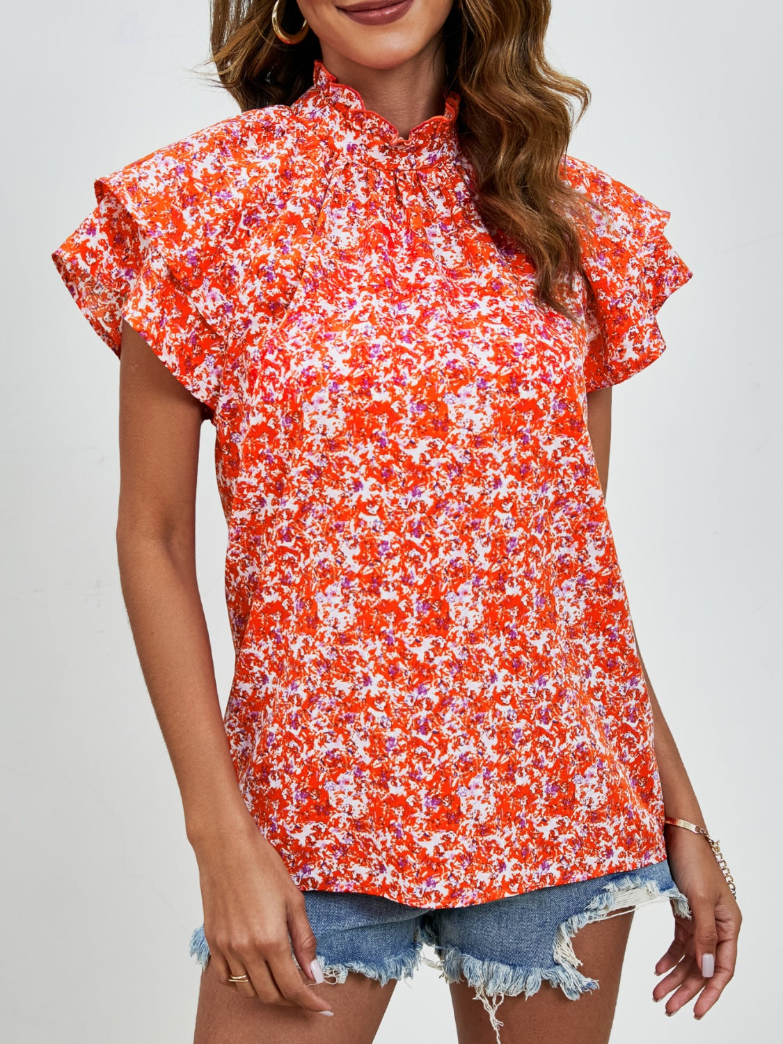 Ditsy Floral Mock Neck Flounce Sleeve Blouse Trandify deal