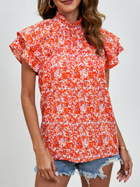 Ditsy Floral Mock Neck Flounce Sleeve Blouse Trandify deal