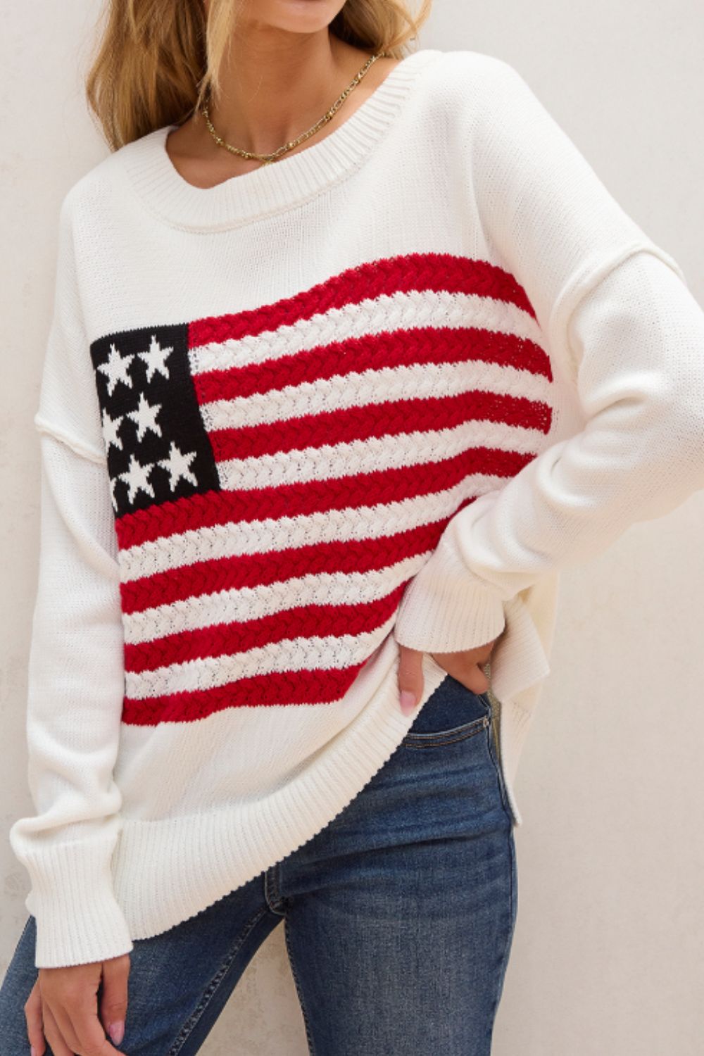 US Flag Side Slit Drop Shoulder Sweater Trandify Deal