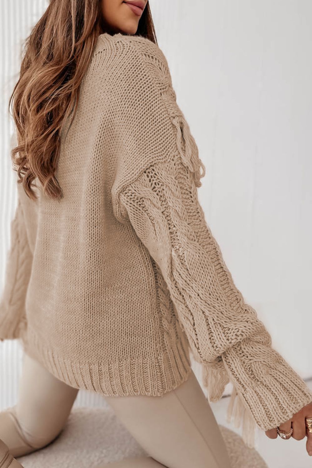 Cable Knit Fringe Round Neck Long Sleeve Sweater Trandify Deal