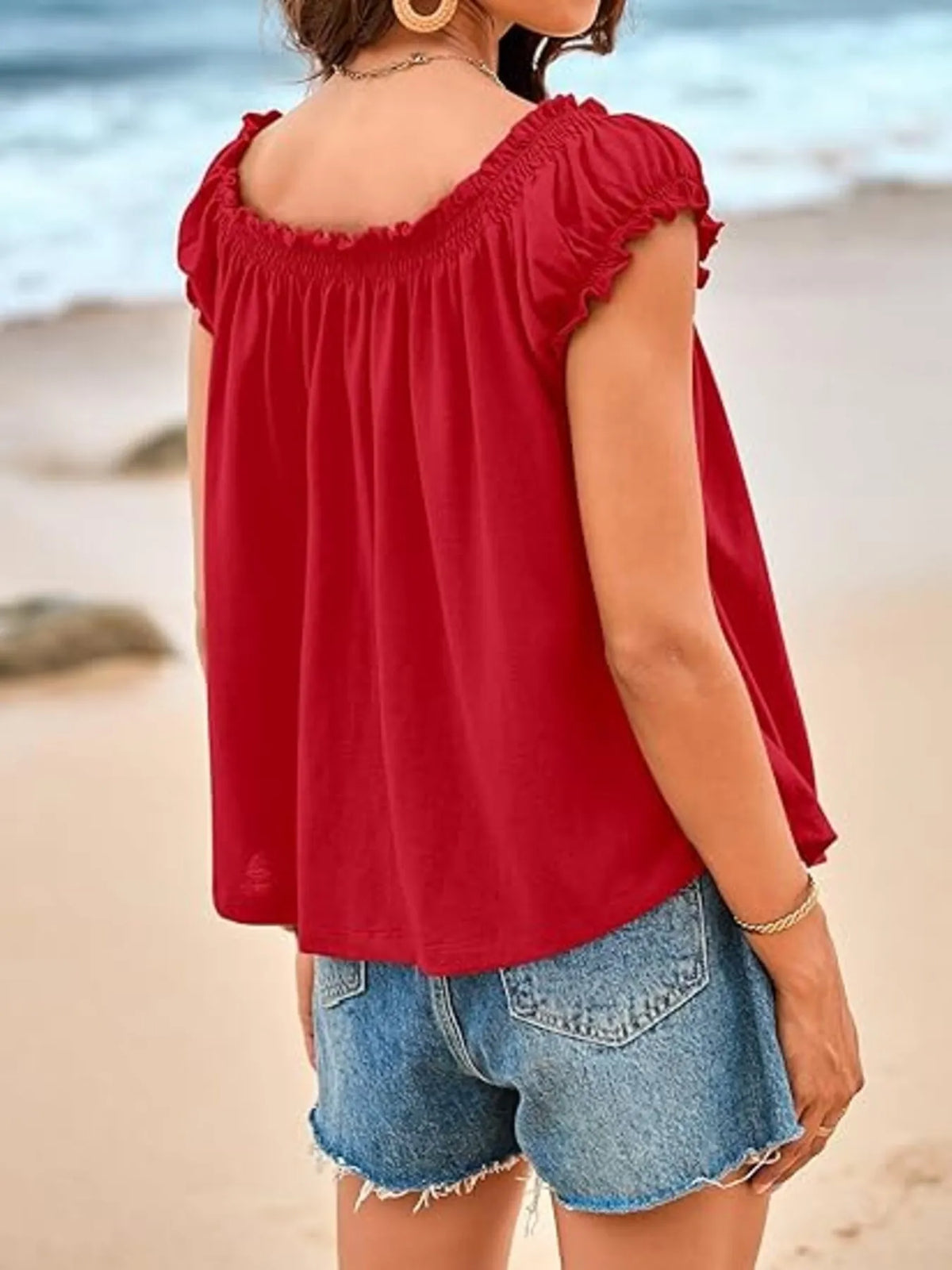 Women’s Tie-Front Smocked Blouse in Red – Boho Chic Ruffled Sleeve Top for Summer