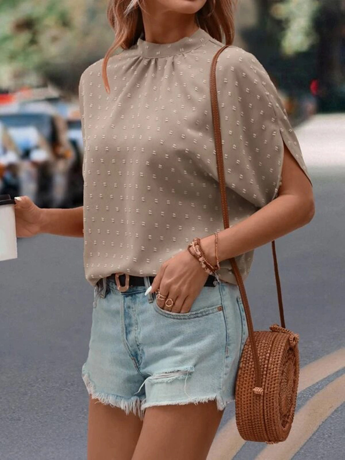 Swiss Dot Mock Neck Half Sleeve Blouse Trandify deal