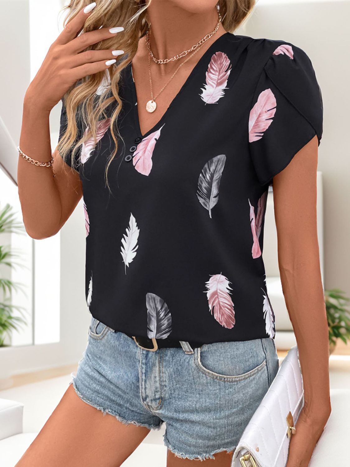 Perfee Printed V-Neck Short Sleeve Blouse Trandify deal