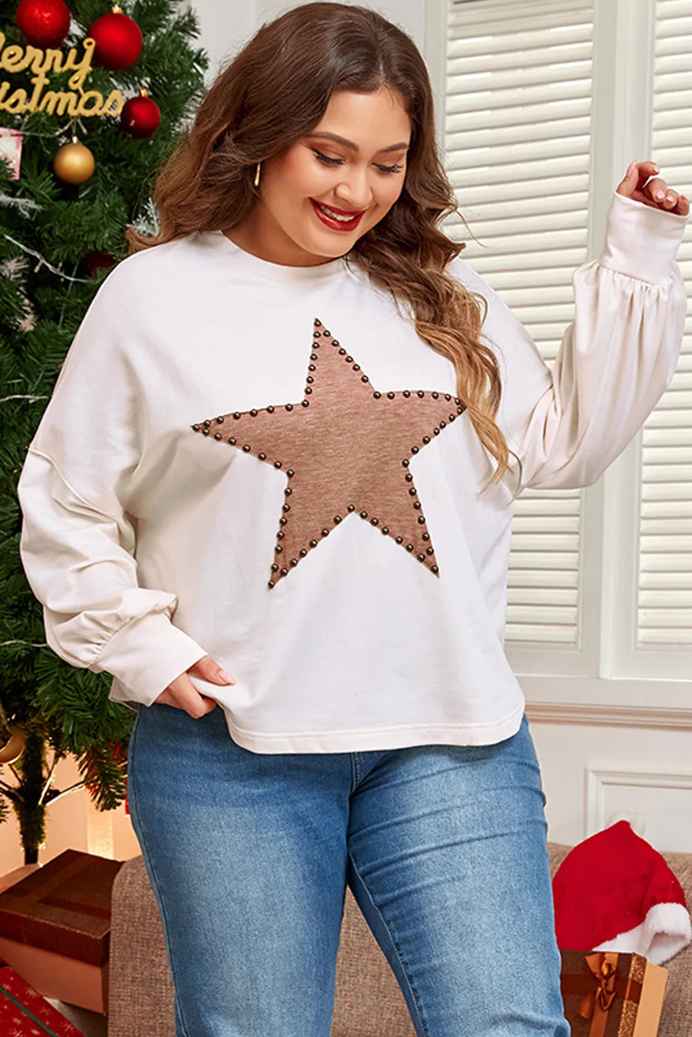Plus Size Studded Star Round Neck Long Sleeve Blouse Trandify Deal