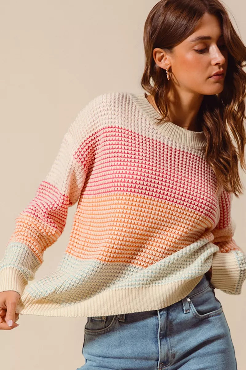 Color Block Waffle Knit Sweater - Women's Long Sleeve Top