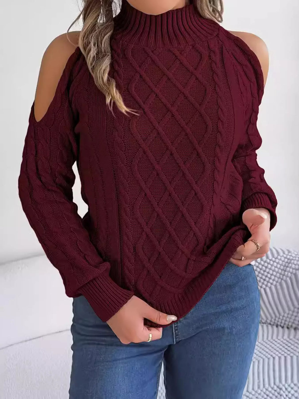 Women's Cold Shoulder Sweater | Cable Knit Turtleneck