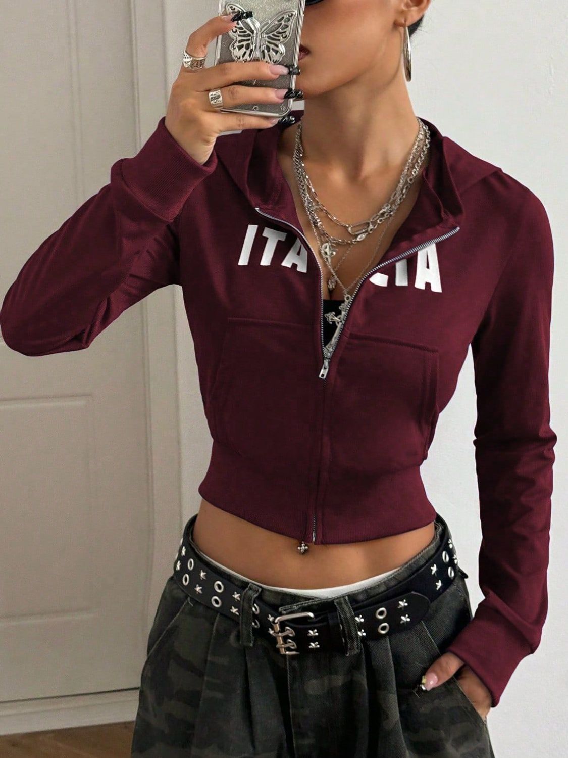 Letter Graphic Zip Up Long Sleeve Hoodie Trandify deal