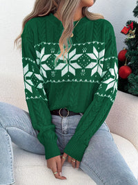 Women's Christmas Cable Knit Sweater with a close-up of the festive snowflake and cable knit pattern.