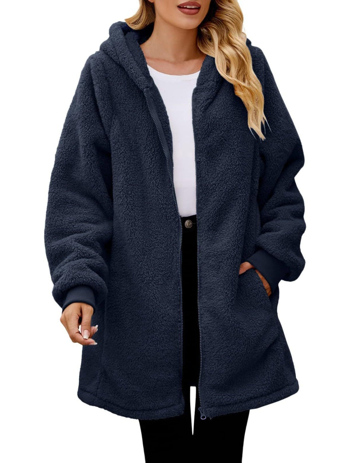 Fuzzy Pocketed Zip Up Long Sleeve Hooded Jacket Trandify Deal