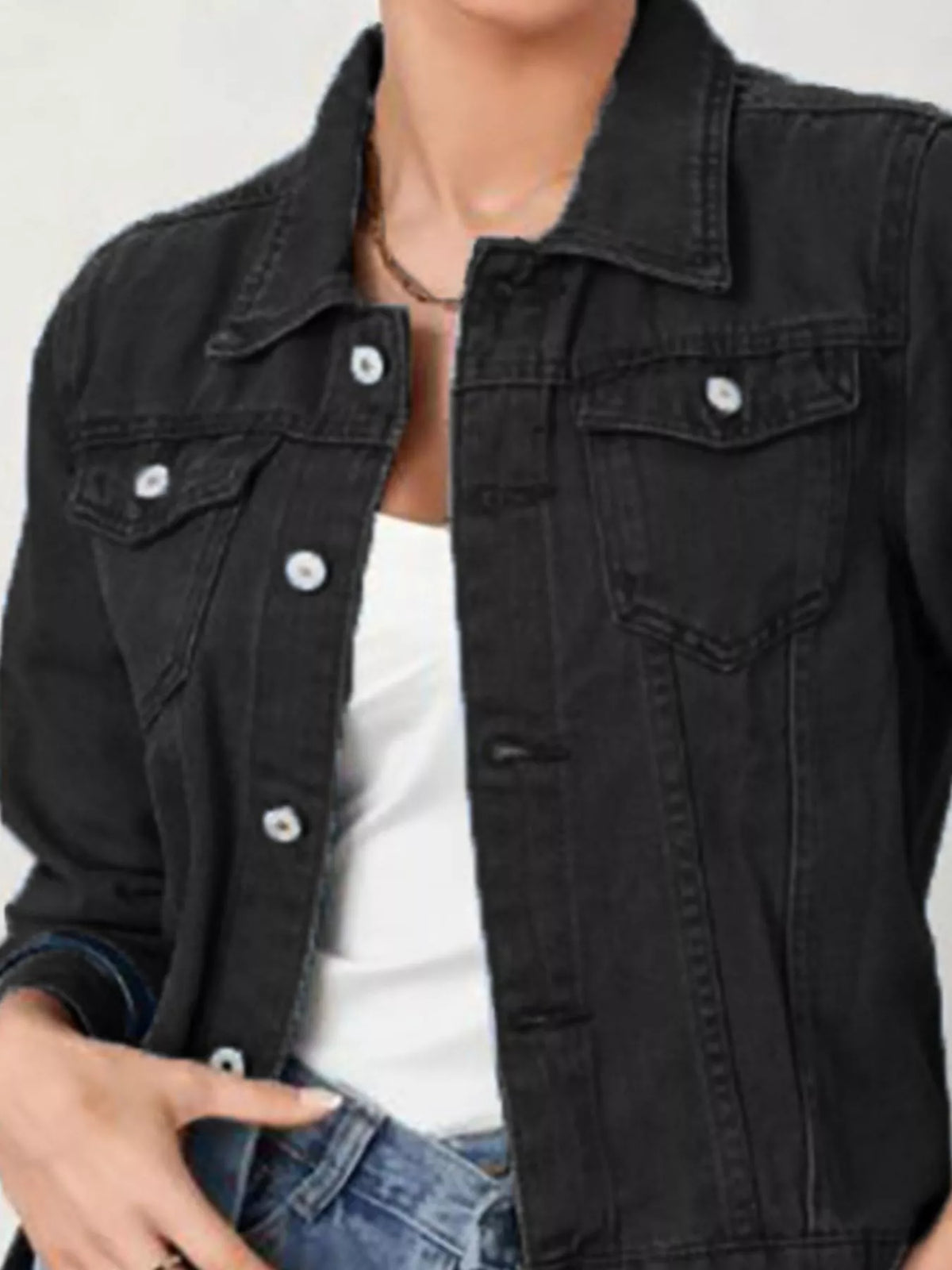 Women's Long Sleeve Denim Jacket - Button Up & Stretch Fit
